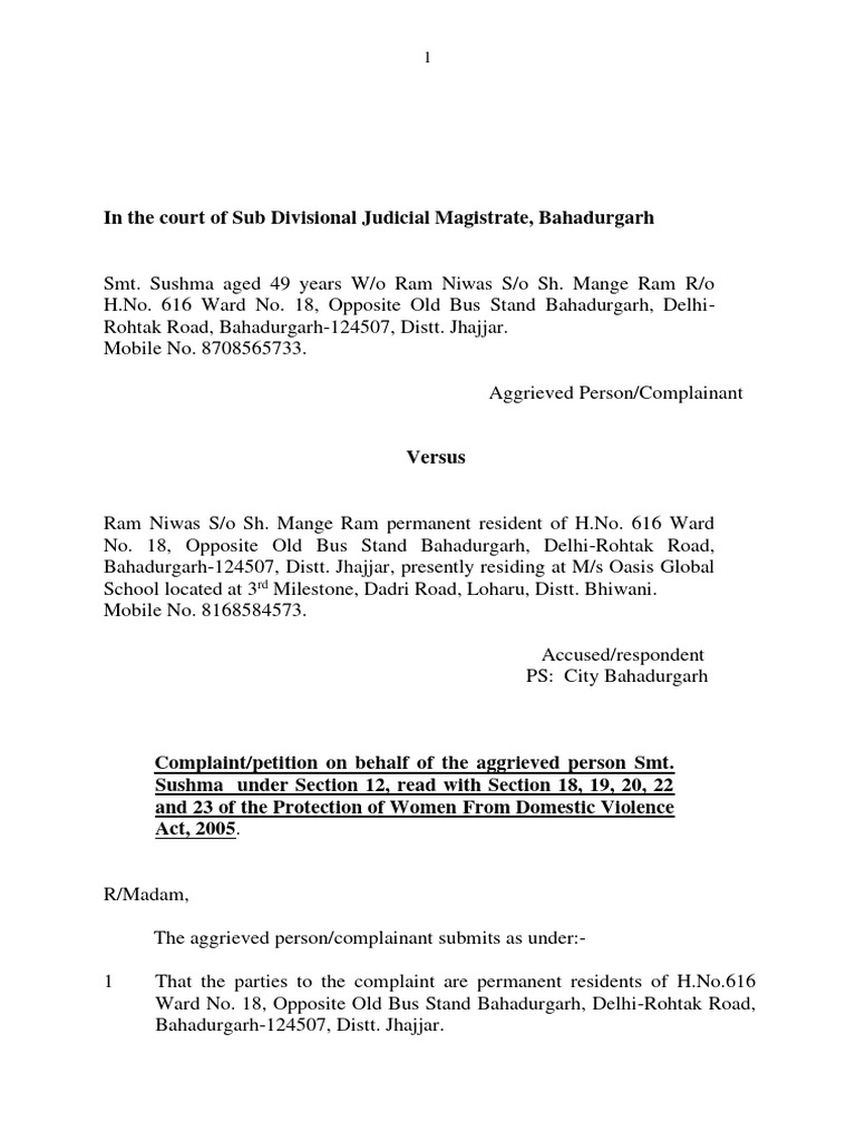 Complaint dv act sushma vs ram niwas etc pdf affidavit marriage