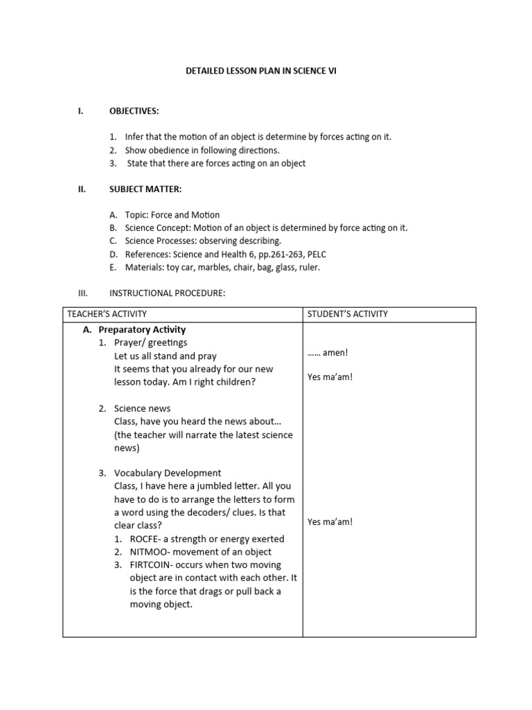 Detailed Lesson Plan in Science Vi | PDF | Force | Cognition