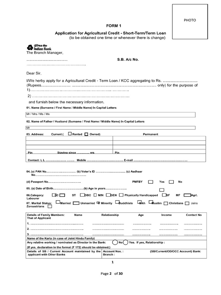 Application For Agri Credit STL MTL FORM I PDF