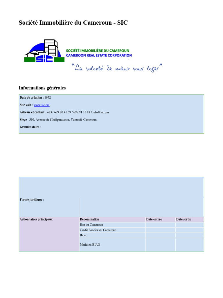 Société Immobilière du Cameroun - SIC | PDF