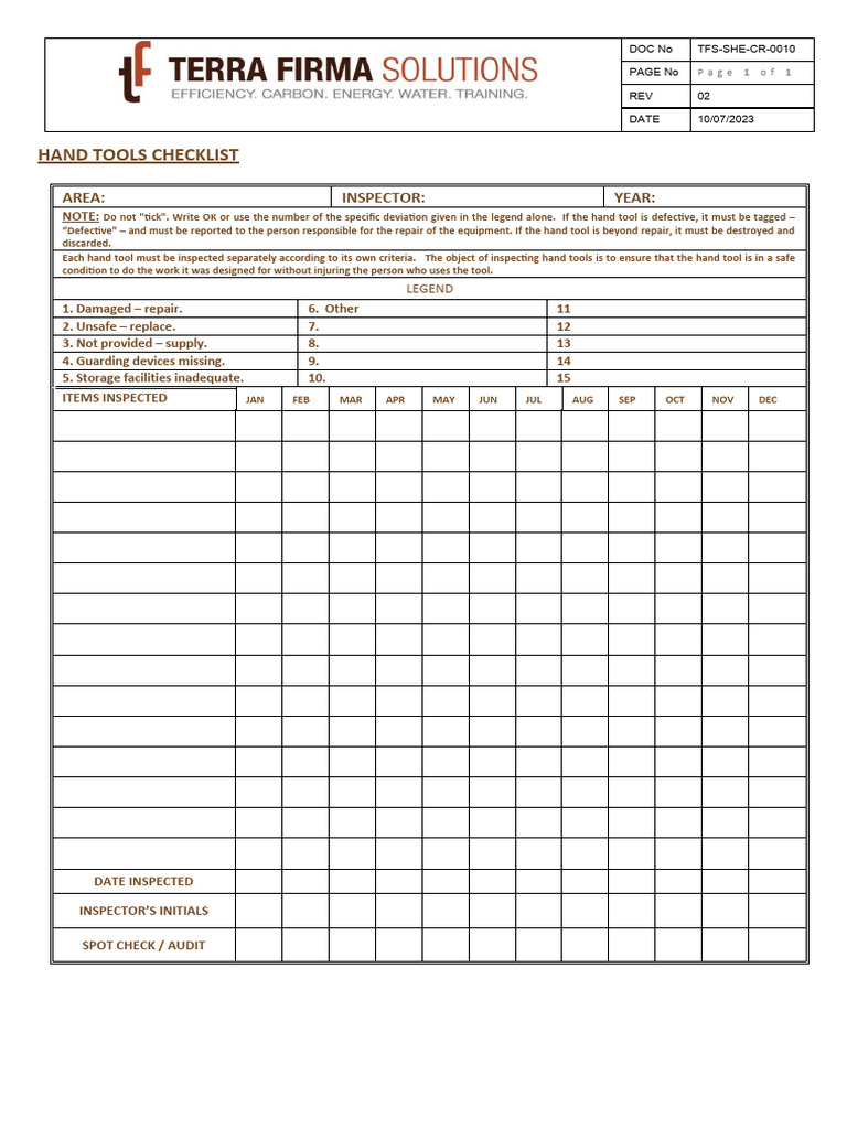 TFS SHE CR 0010 Hand Tools Checklist PDF