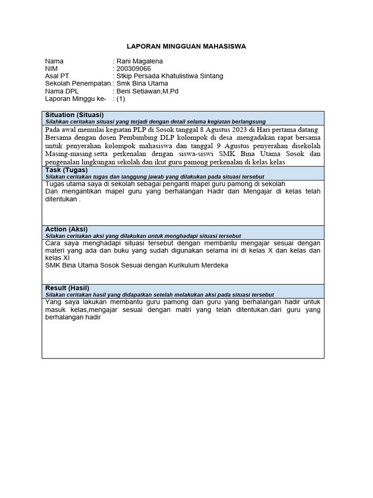 Laporan Mingguan Mahasiswa Docx Rani Pdf