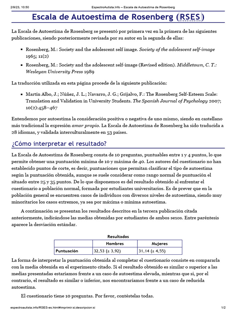 Escala de Autoestima de Rosenberg RSES | PDF | Autoestima