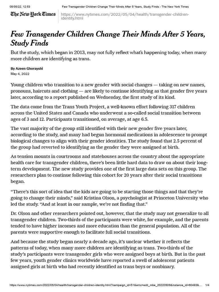 Few Transgender Children Change Their Minds After 5 Years, Study Finds