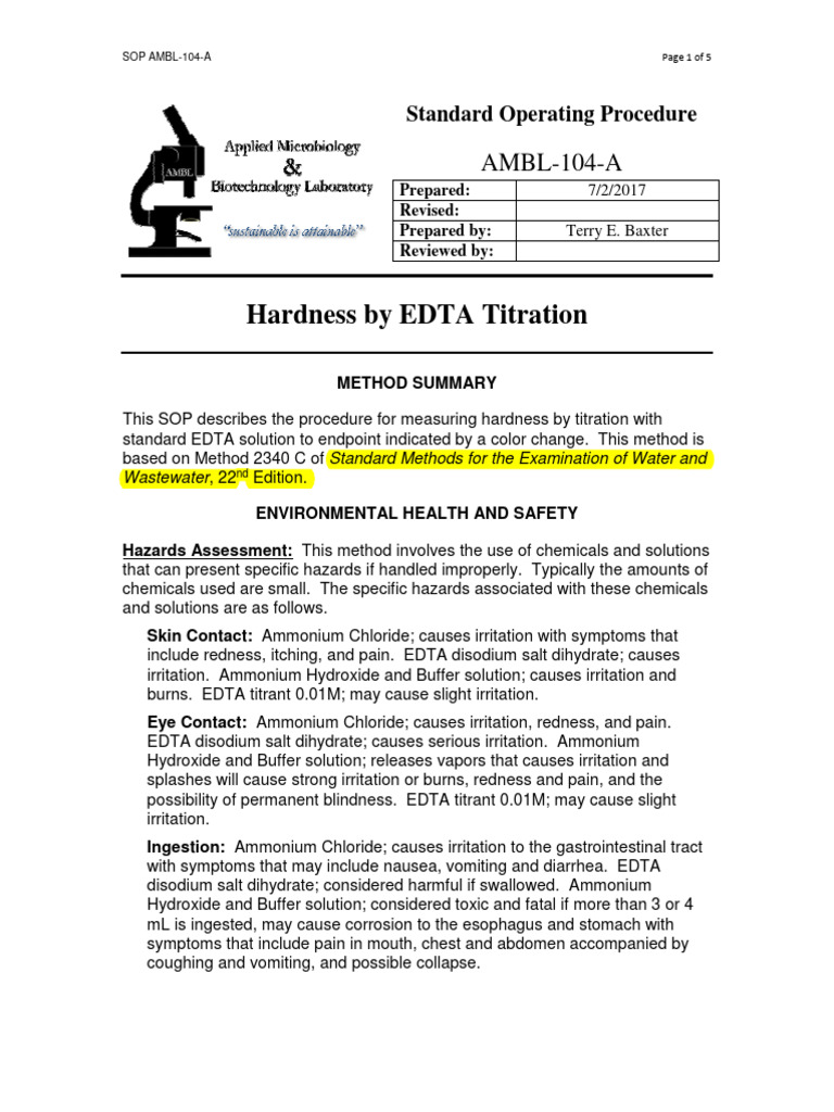 SOP AMBL 104A Hardness PDF Titration Chemistry