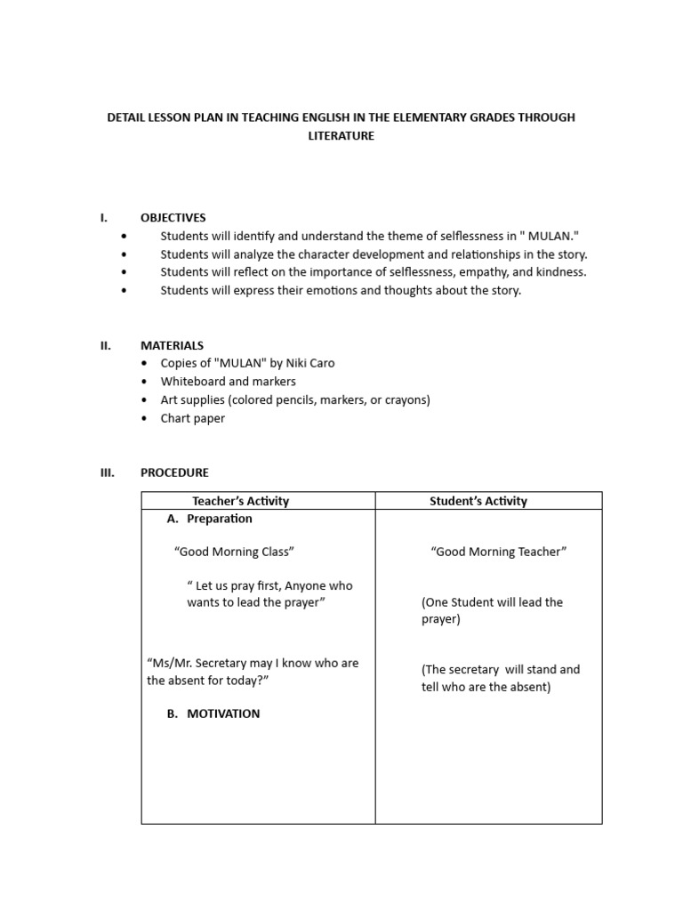 Detail Lesson Plan in Teaching English in The Elementary Grades Through