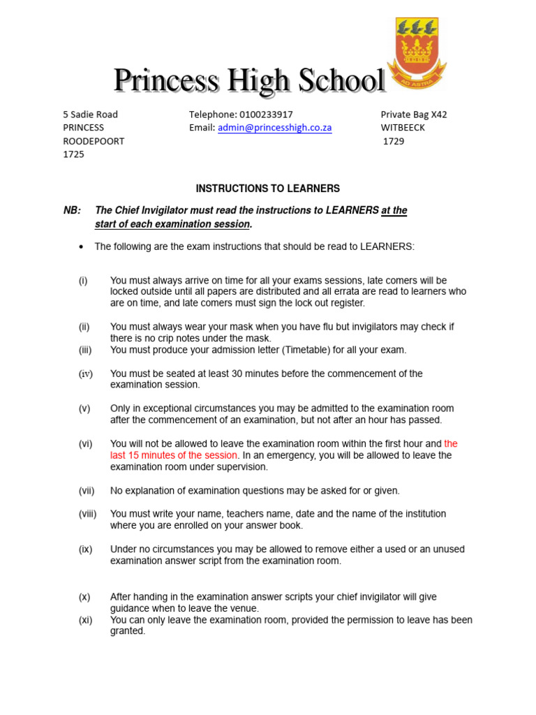 Examination Instructions for Students | PDF