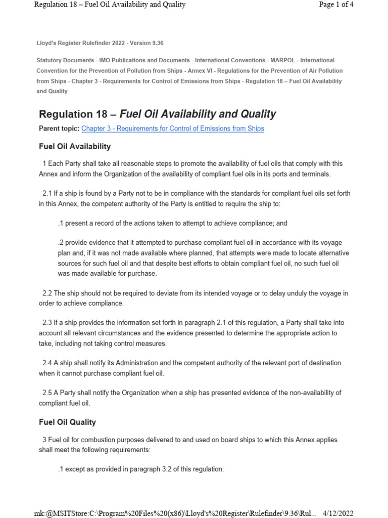 Marpol Annex 6 Reg 18 FUEL OIL AVAILABILITY | Download Free PDF ...