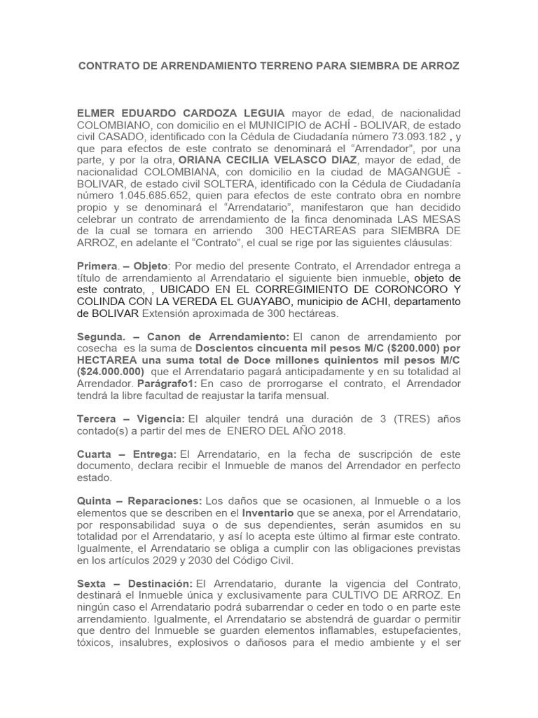 Contrato de arrendamiento de terreno para siembra de arroz el maizal