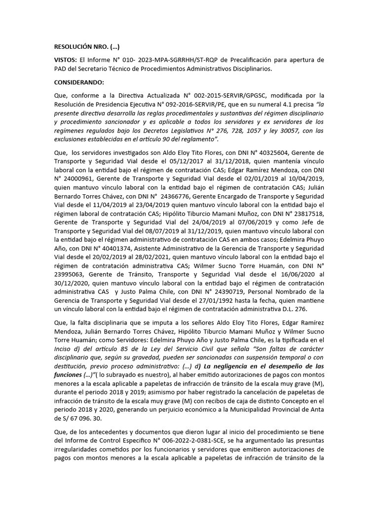 RESOLUCIÓN NRO Proyecto | PDF | Multa (pena) | El proceso de destitución
