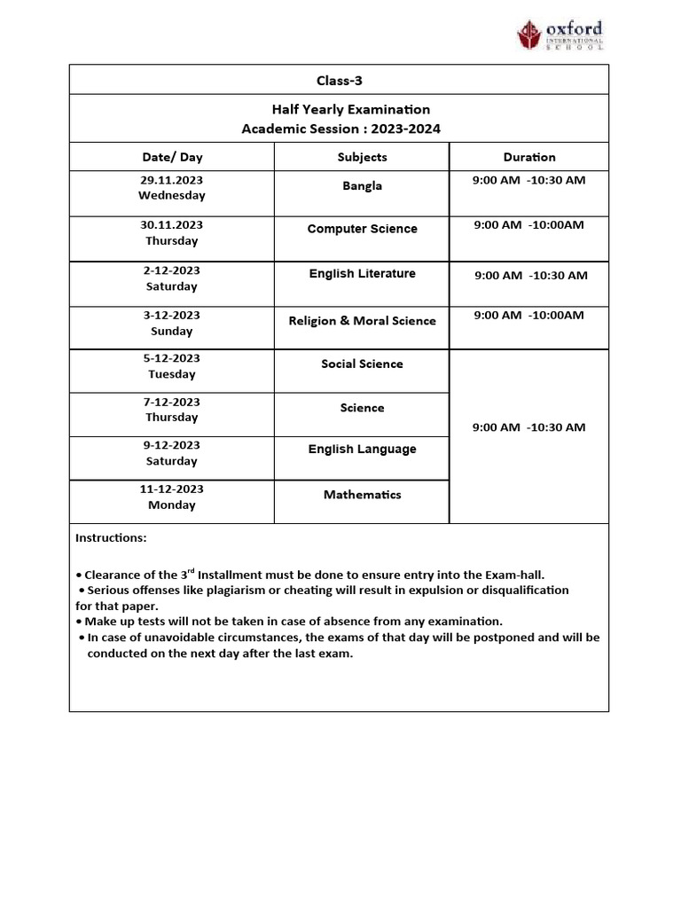 HYE Examination Schedule 3 To 7 2023 2024 PDF Science