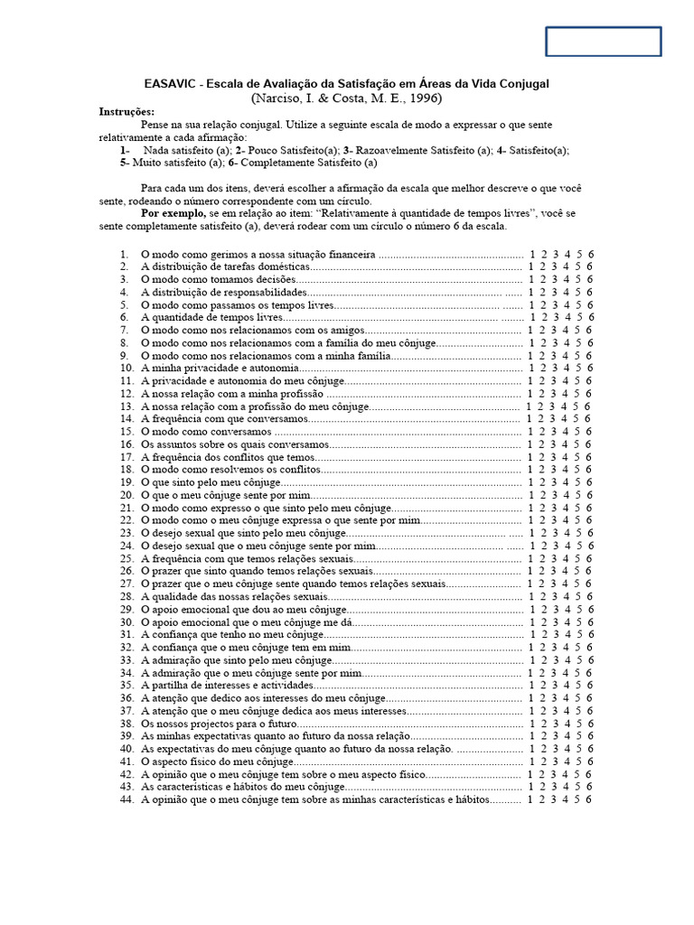 Escala de Satisfação Conjugal EASAVIC | PDF | Relação sexual | Casamento
