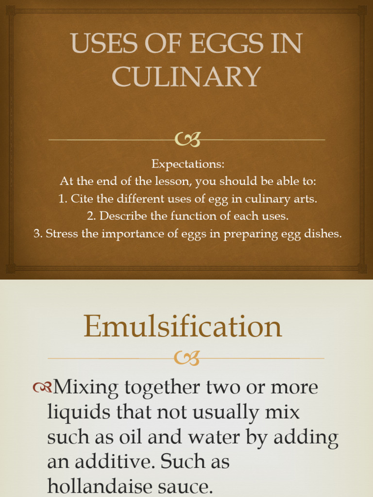 Culinary Uses of Eggs Explained | PDF | Egg As Food | Cakes