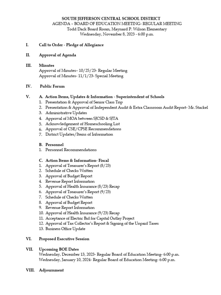 South Jefferson School District Board of Education Agenda Nov. 8, 2023