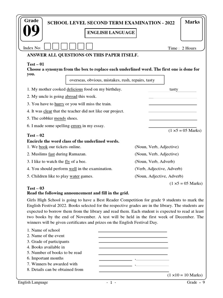 Grade 9 English Second Term Exam 2022 | PDF | Adverb | Adjective