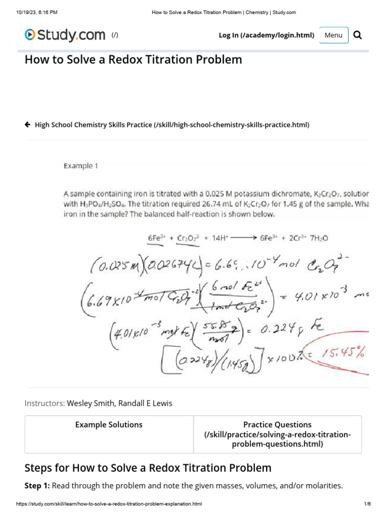 Redox Titration Problem Solving Guide | PDF | Titration | Chemistry