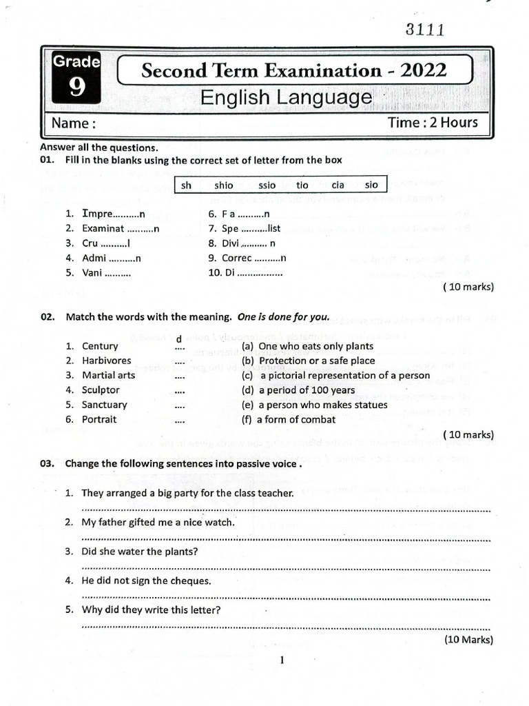 English - Grade 9 - Second Term Test 2022 - NWP | PDF