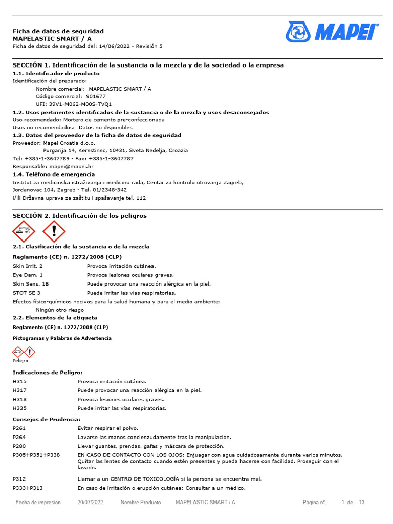 Ficha de Seguridad MAPELASTIC SMART/A | PDF | Residuos | Gestión de ...