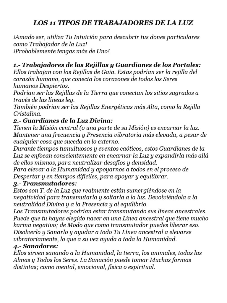 Los 11 Tipos de Trabajadores de La Luz | PDF | Amor