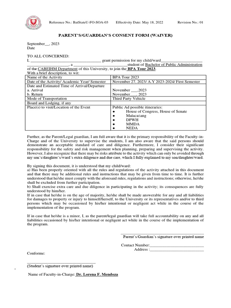 BPA TOUR FINAL Parents Consent Form Waiver Download Free PDF