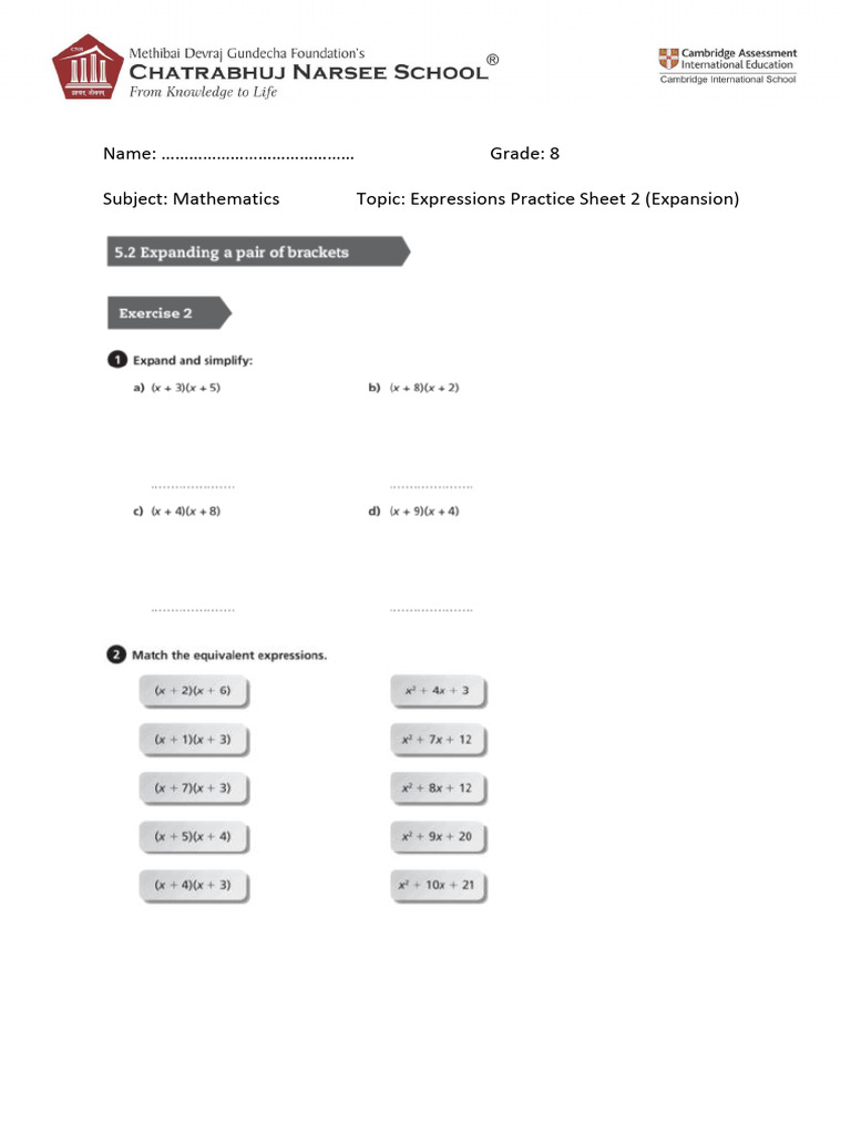 GR 8 Expressions Expansion Practice Sheet 21 PDF