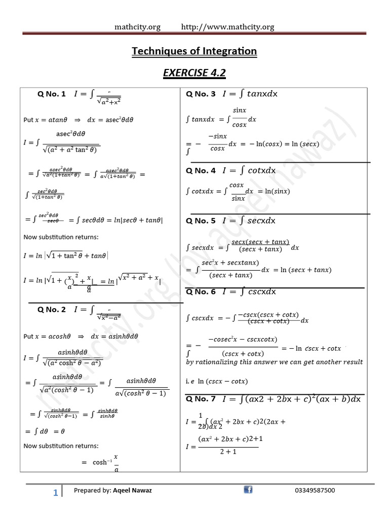 Techniques of Integration Exercises | PDF | Calculus | Elementary ...