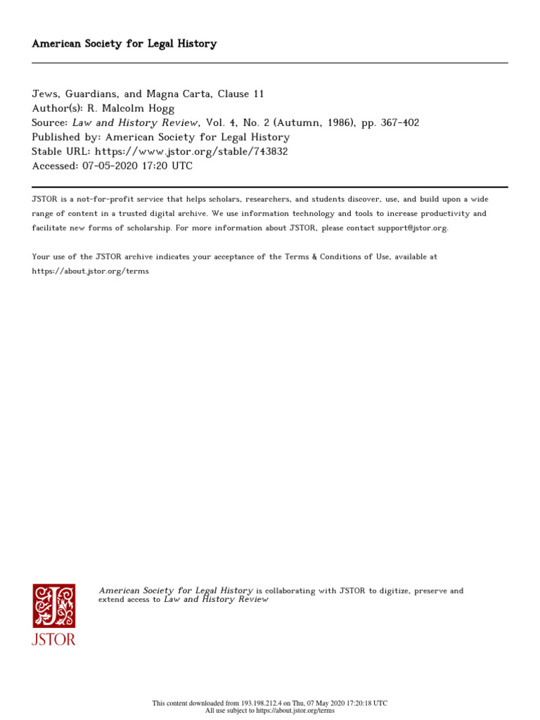 R. Malcolm Hogg, Jews, Guardians, and Magna Carta, Clause 11 PDF Magna Carta