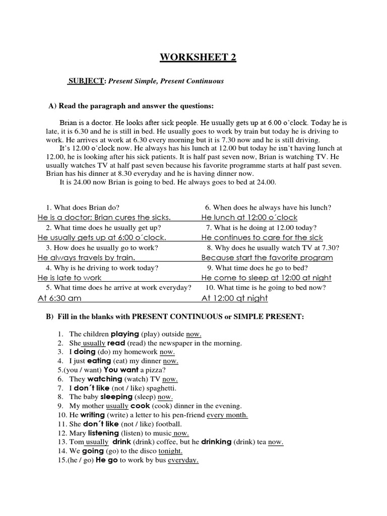 Worksheet 2 SUBJECT Present Simple, Present Continuous PDF Lunch
