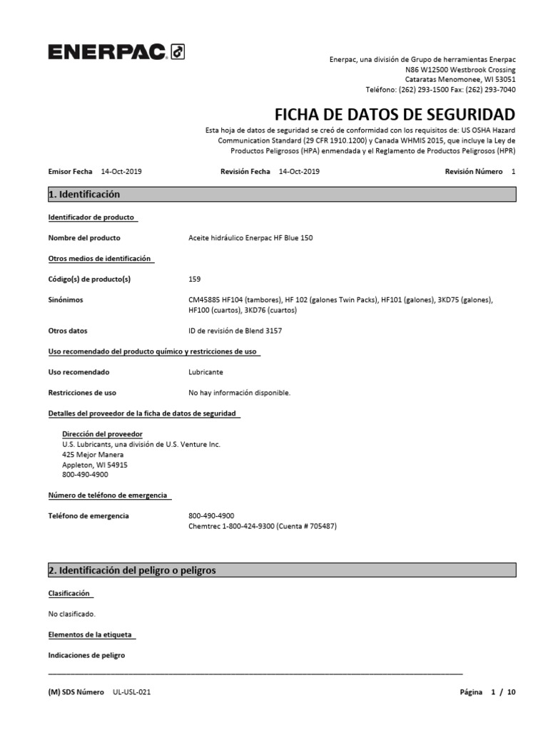 HF150 Oil Safety Data Sheet for HF100 HF101 HF102 and HF104 Oils ESLA