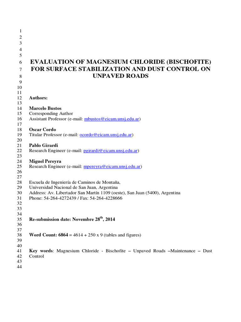 Evaluation of The Use of Magnesium Chloride For Surface Stabilization