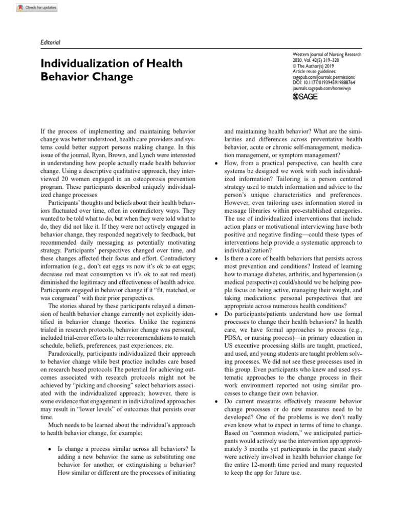 Individualization of Health Behavior Change: Editorial | PDF | Behavior ...