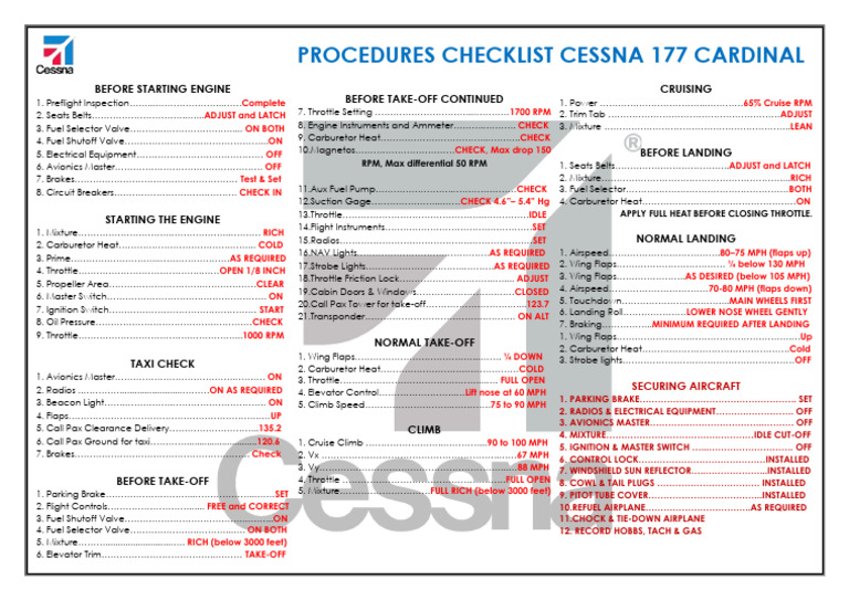 Cessna 177 Cardinal Procedures Checklist | PDF | Carburetor | Throttle