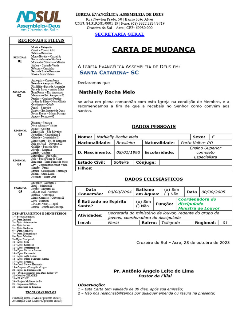 Carta De Mudança Assembleia De Deus Pdf Religiões Abraâmicas