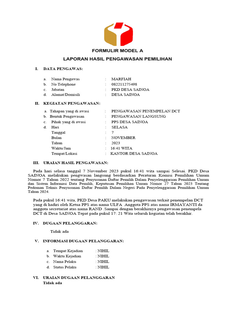 Marfiah Form A Penempelan DCT Ds Sainoa | PDF