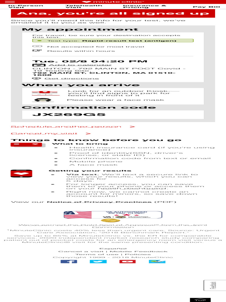 COVID19 Visit Confirmation MinuteClinic PDF Health Care Service