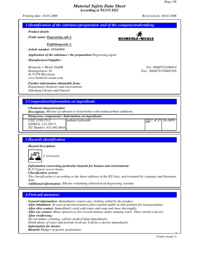 MSDS Degreasing Salt A H+M PDF Water Personal Protective