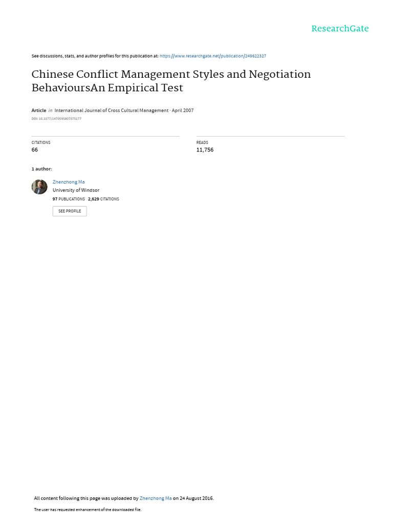 Chinese Conflict Management Styles And Negotiation Pdf Negotiation