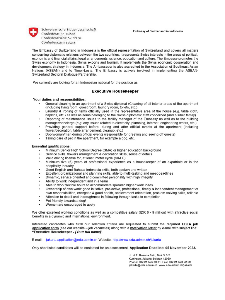 Job Vacancy Executive Housekeeper EN PDF Ambassador Switzerland