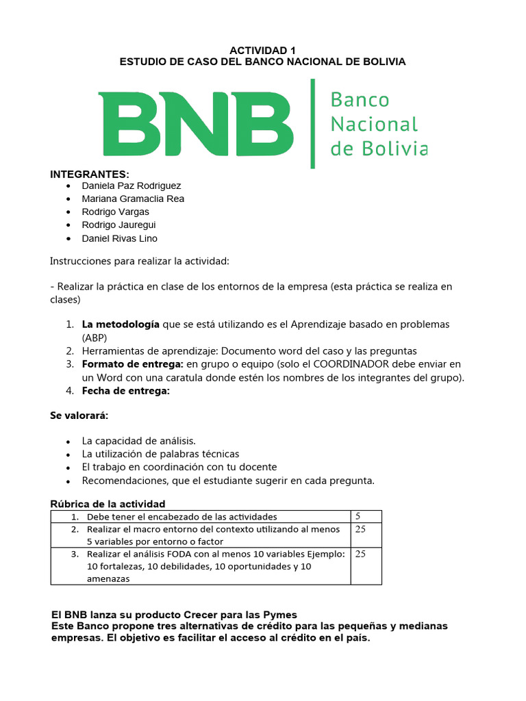 Actividad 1 Caso BNB-1 | PDF | Pequeñas y medianas empresas | Bancos
