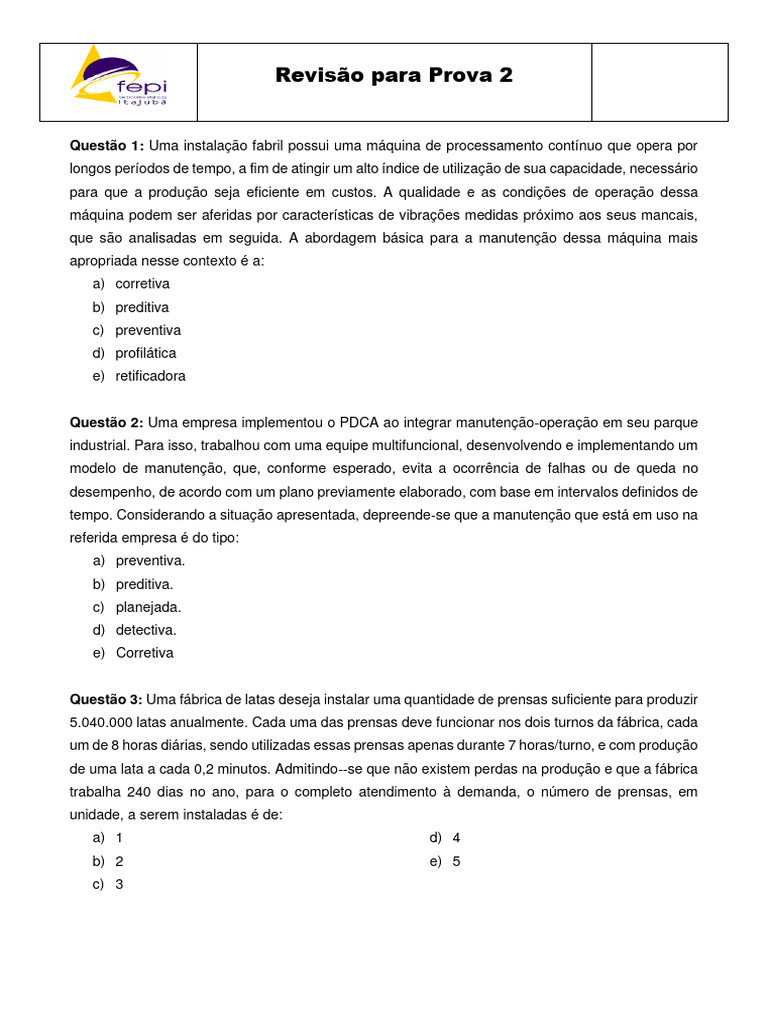 Revisão para prova 2 - 2023 | PDF | Tempo | Demanda