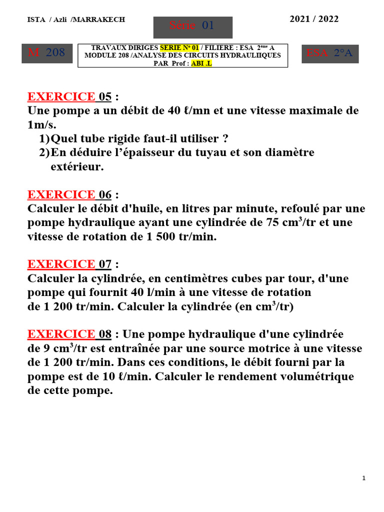 Exercices Corrigés sur Pompes Hydrauliques | PDF | Pompe | Machine
