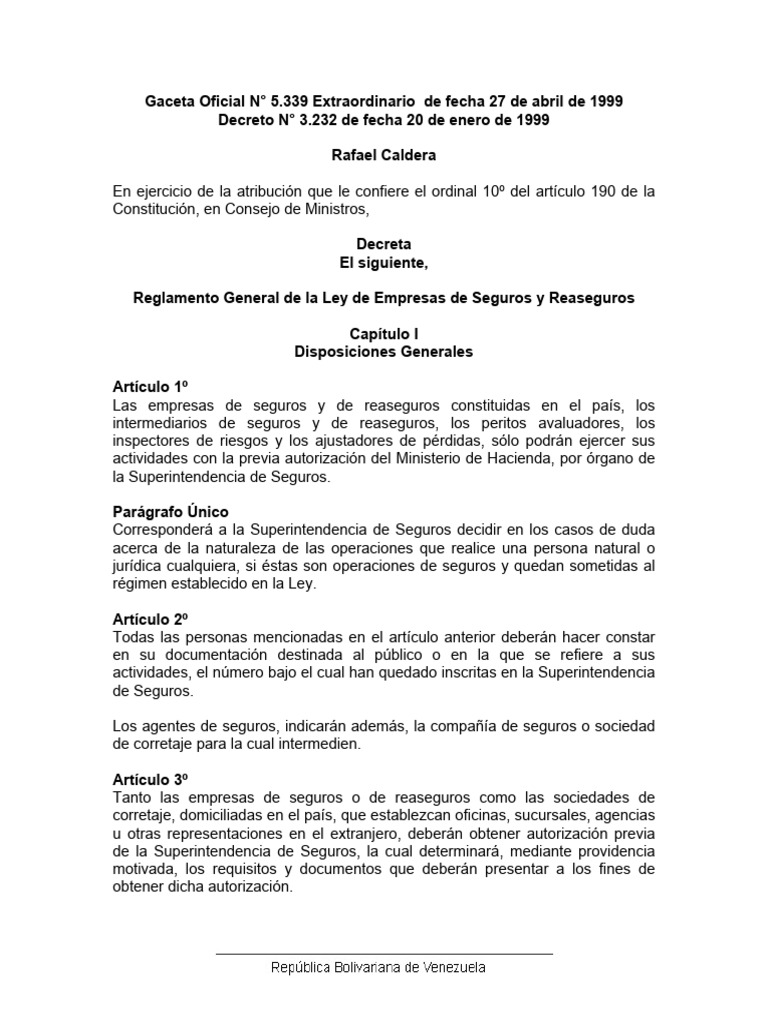 Reglamento Ley de Seguros y Reaseguros | PDF | Póliza de seguros | Seguro