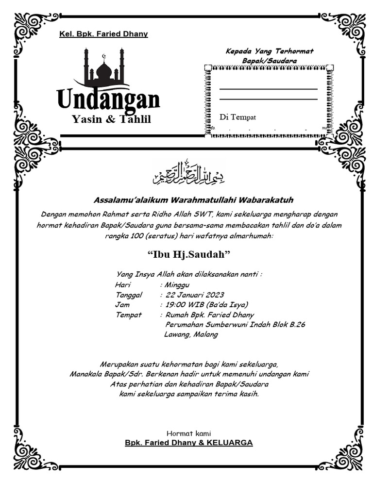 Undangan Tahlil 100 Hari 1 | PDF