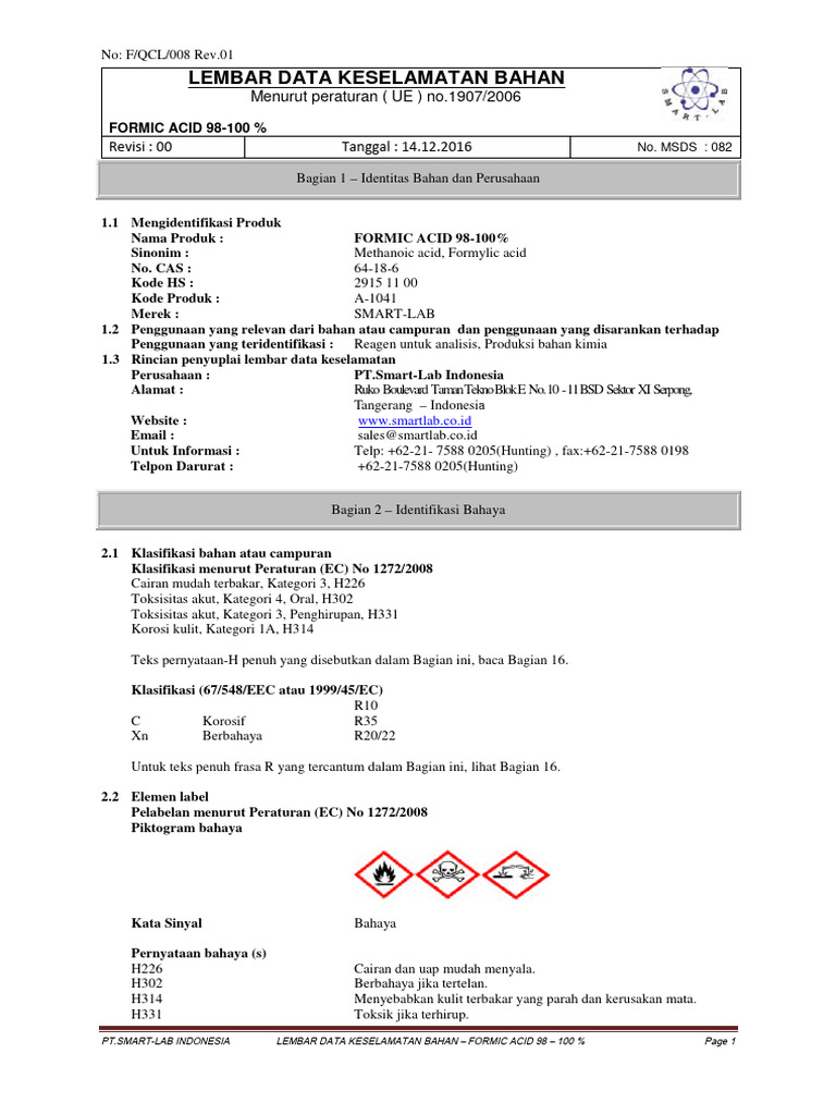 MSDS Asam Formiat 98-100% | PDF