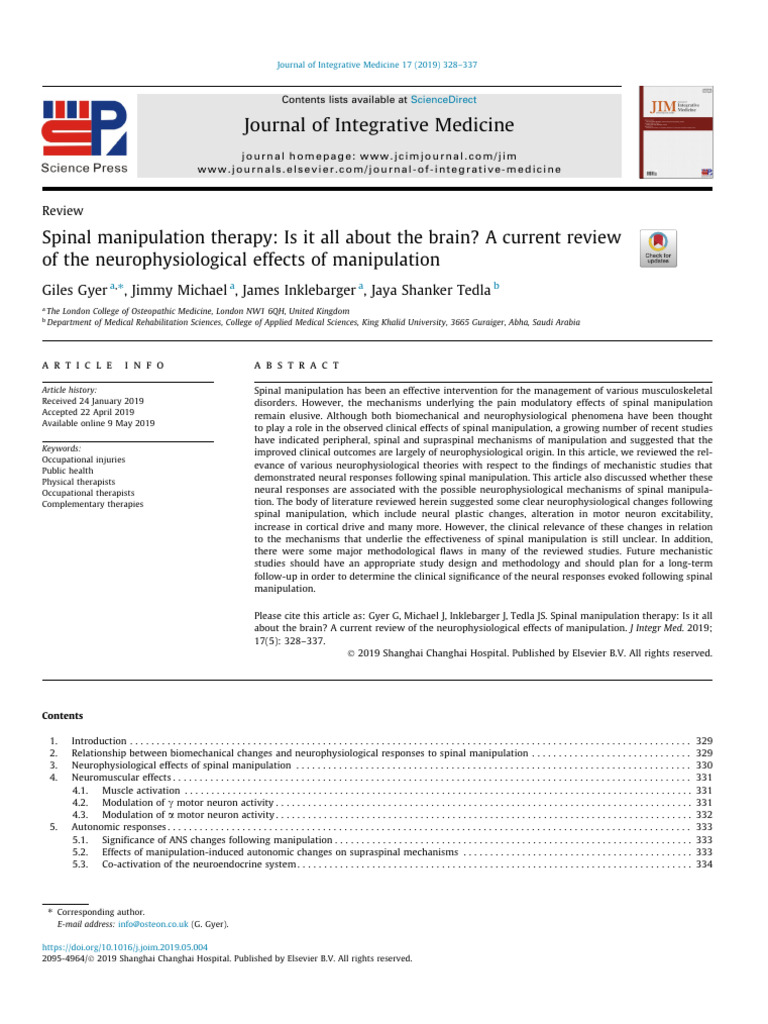 Gyer2019 Spinal Manipulative Therapy PDF Nervous System