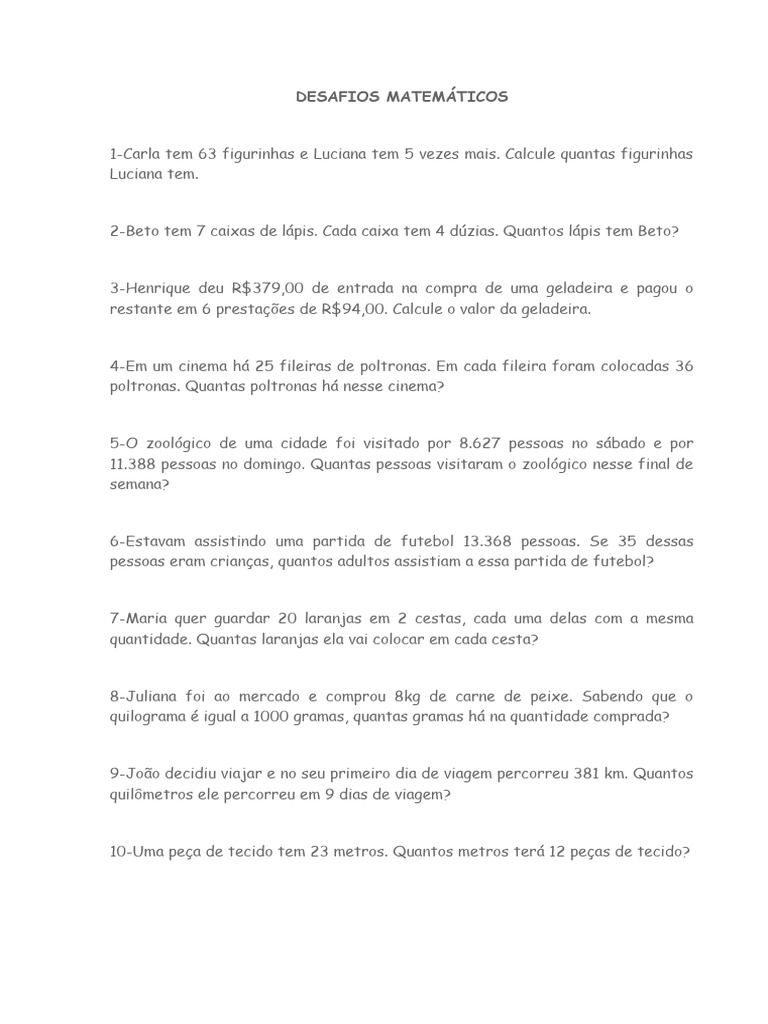 Desafios Matemáticos para o 5º Ano | PDF