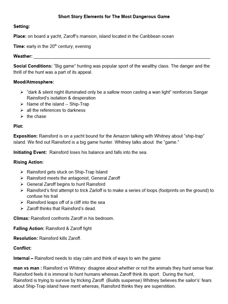 Most Dangerous Game Plot Study Guide PDF
