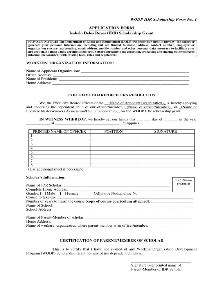 WODP IDR Scholarship Form No. 1 Application Form PDF Justice