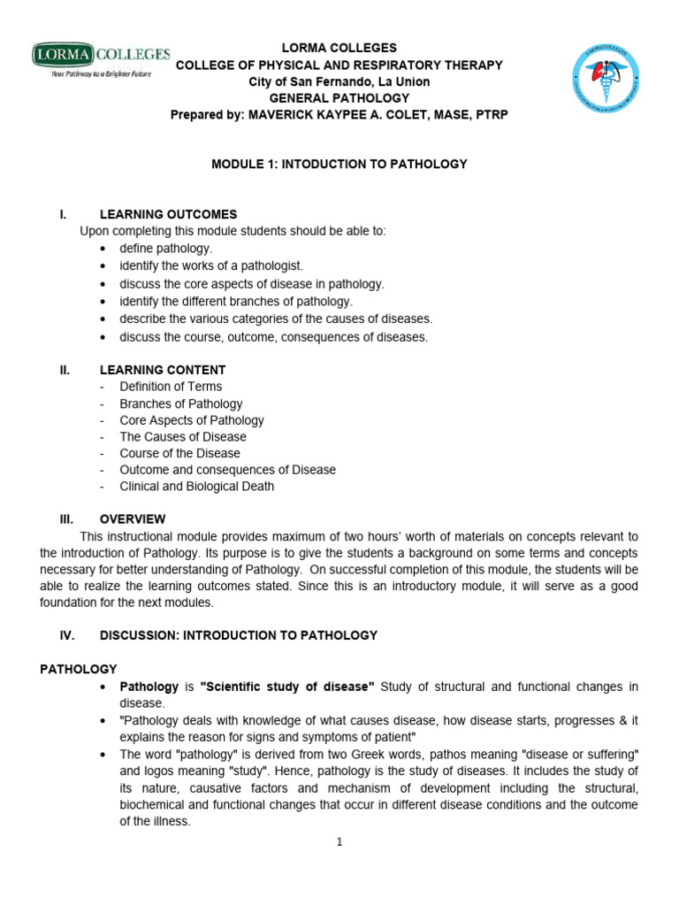 Genpath mod1 intro to pathology pdf pathology cytopathology