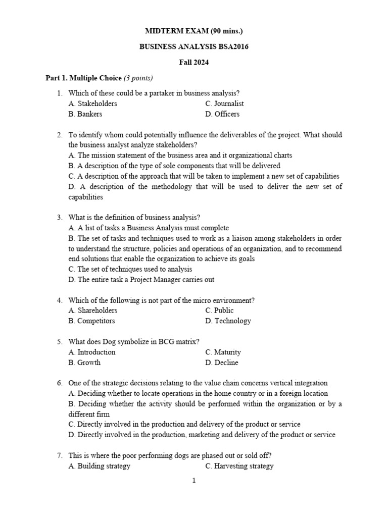 BA Midterm Exam 2023 Fall 231 | PDF | Business Analysis ...